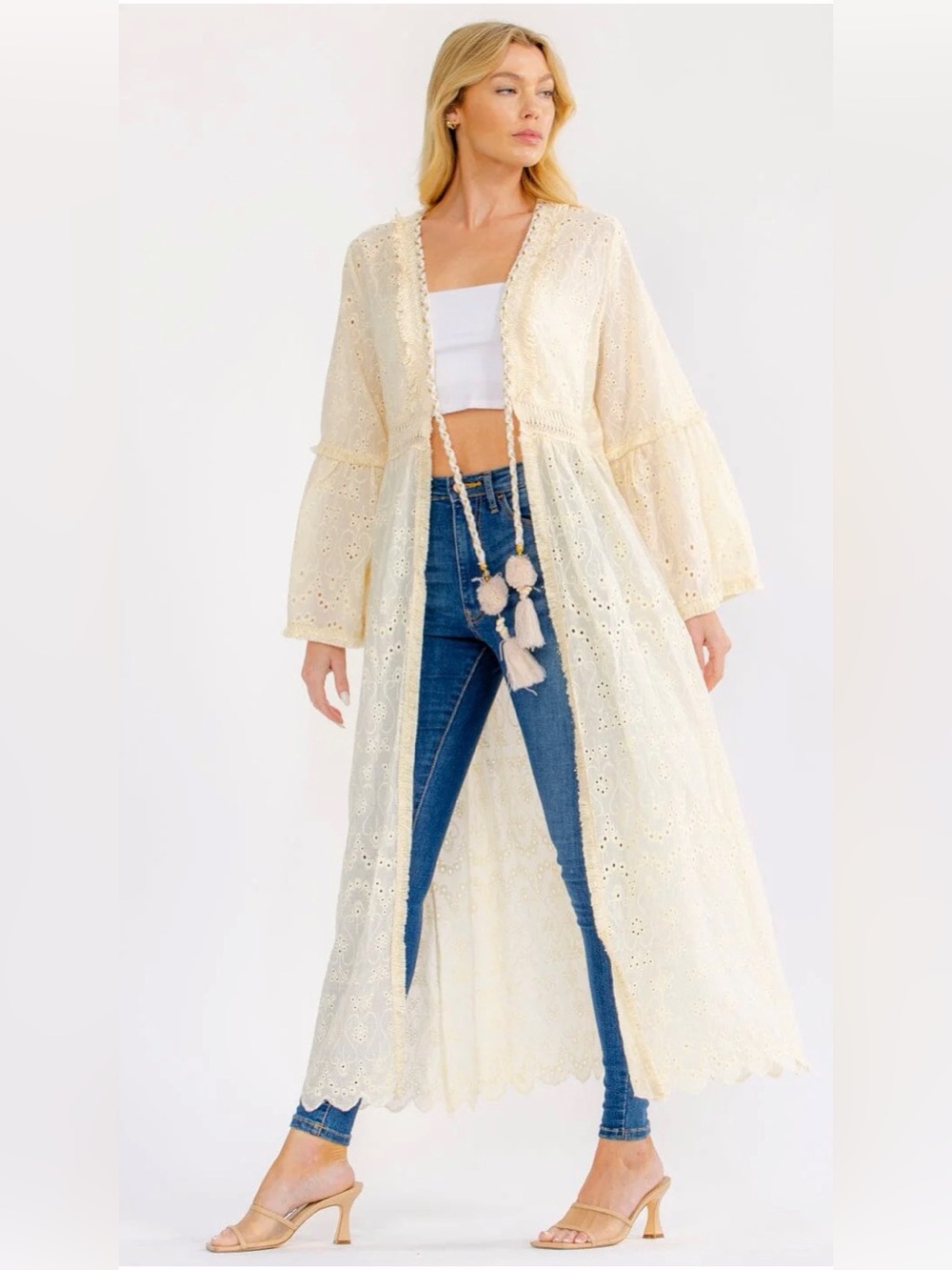 A473. Long Cream Eyelet Duster with Tassel Tie